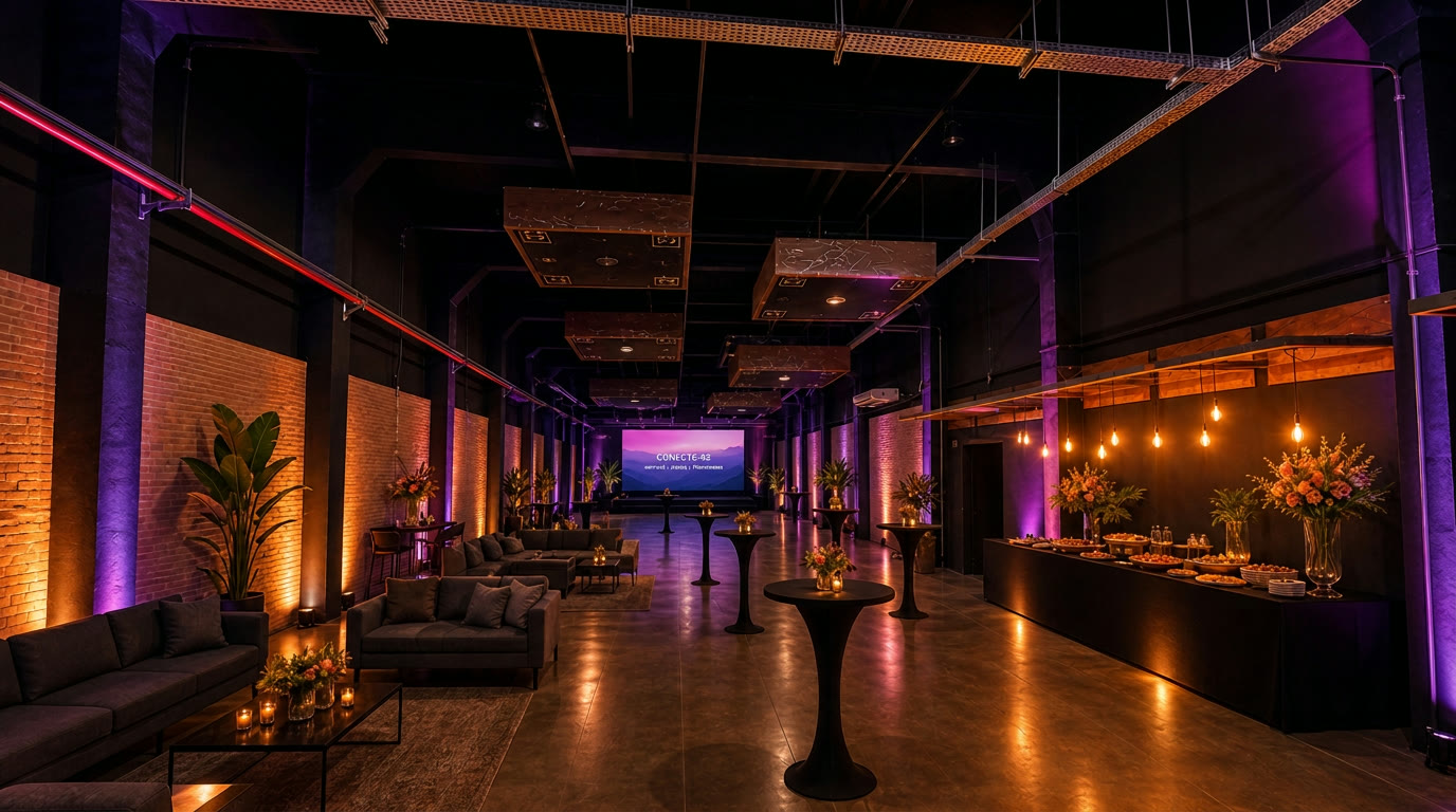 Salão do CN HALL em montagem de coquetel com lounges, mesas de apoio, iluminação cênica e telão ao fundo